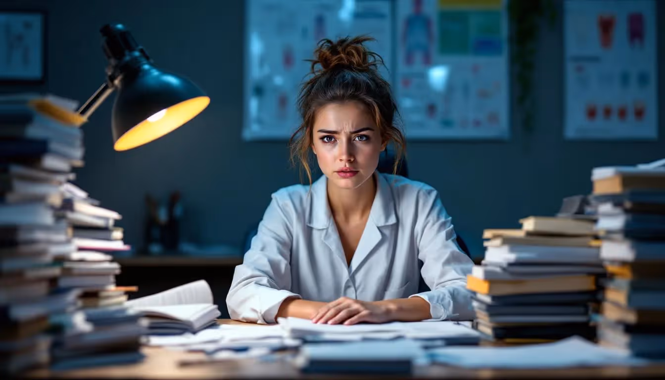 A stressed dental hygiene student surrounded by books, representing the challenges of dental hygiene school.