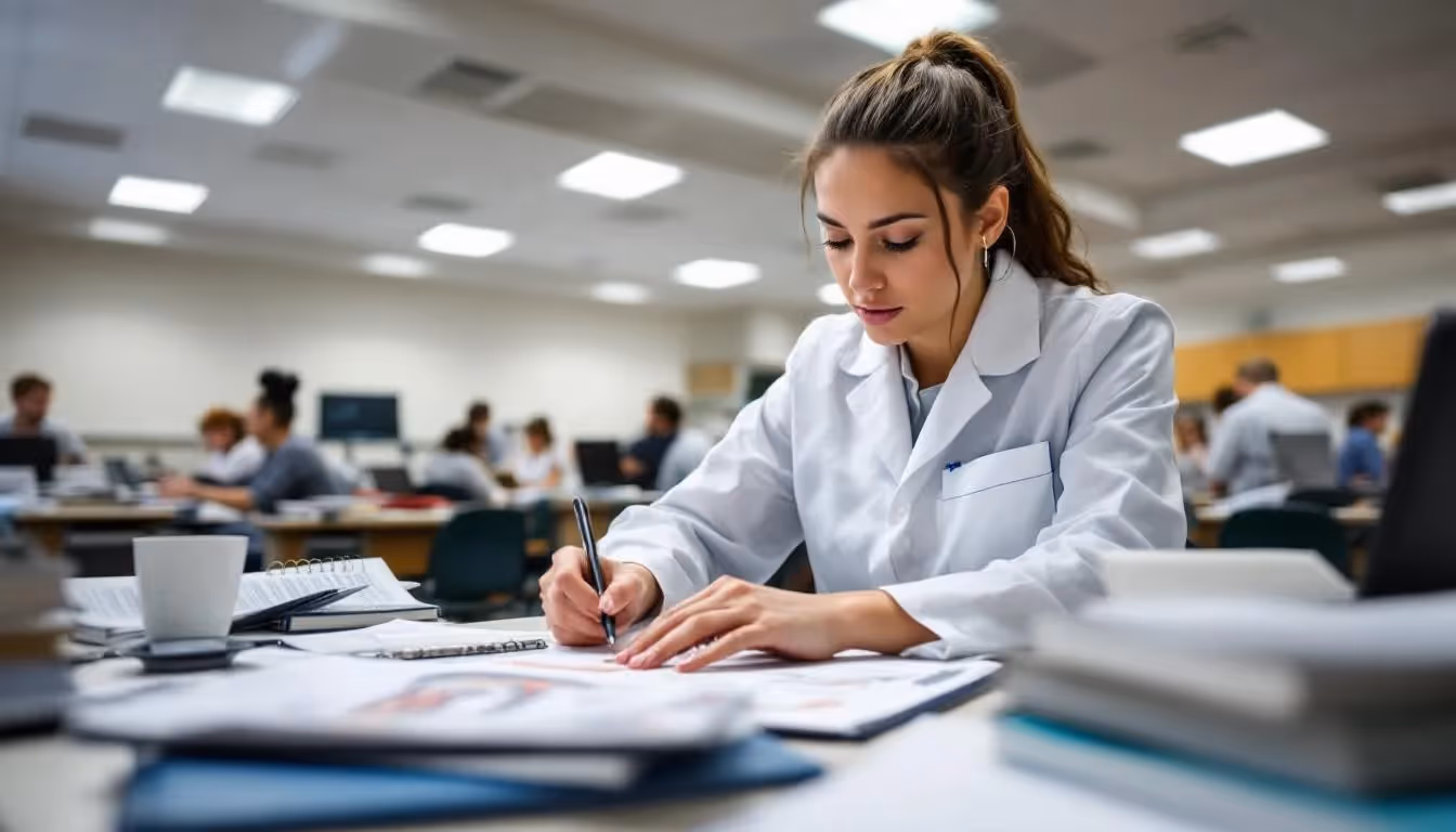A student studying in a dental hygiene program, illustrating the path to becoming a dental hygienist.