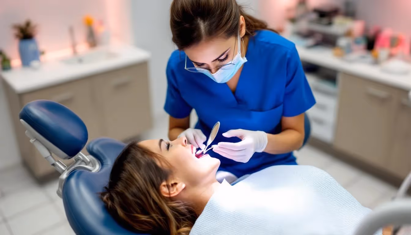 A dental hygienist is seen performing her duties in a dental office, focusing on patient care and maintaining good oral health. She is likely a graduate from an accredited dental hygiene program, utilizing her clinical training to clean teeth and educate patients about dental hygiene.