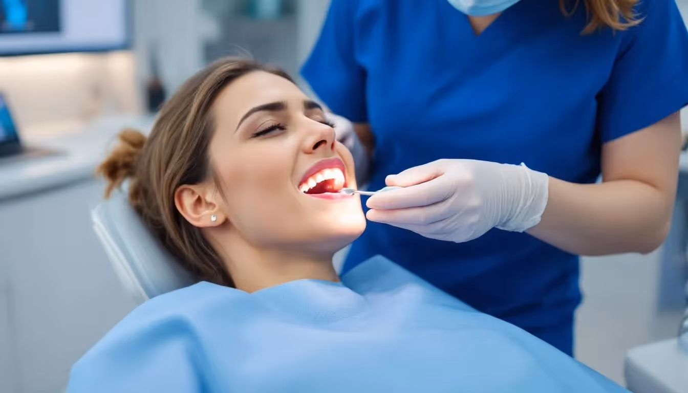 A registered dental hygienist providing a professional teeth cleaning