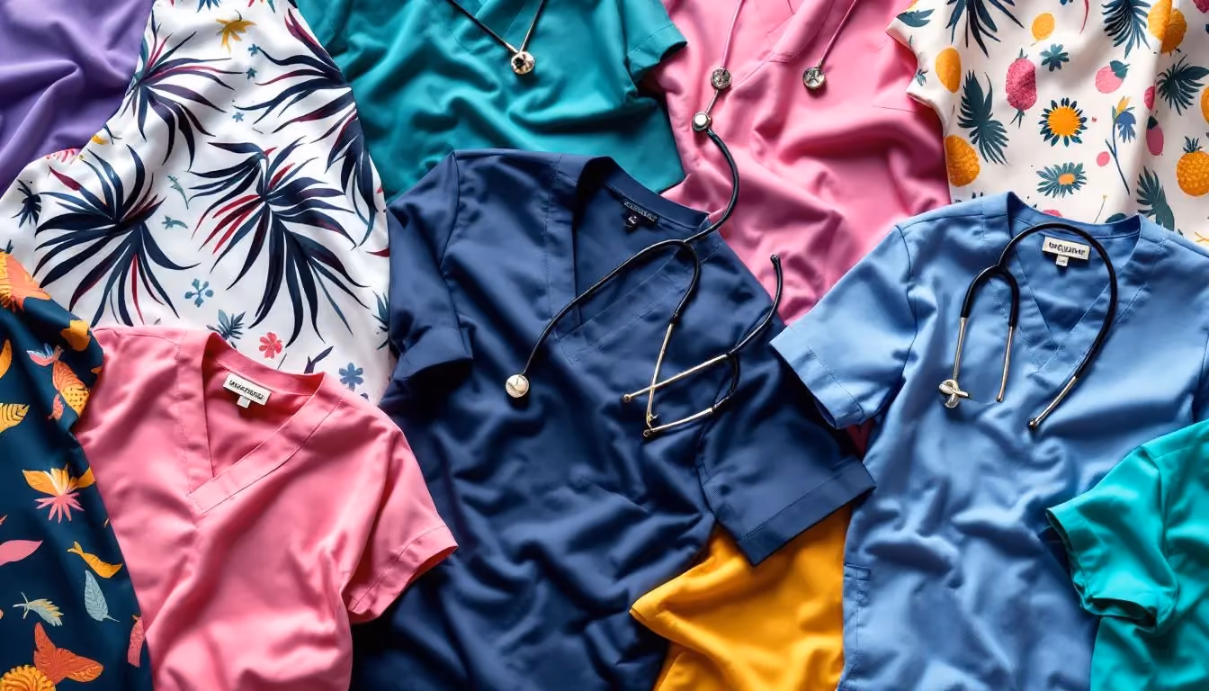 A selection of colorful scrubs and patterns for dental professionals.