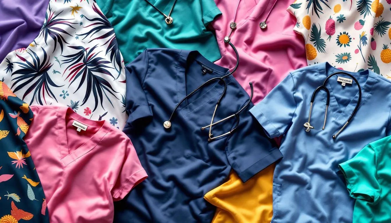 A selection of colorful scrubs and patterns for dental professionals.