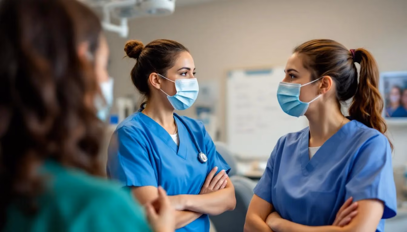 A dental hygienist and a nurse discussing career paths, with a focus on their professions.