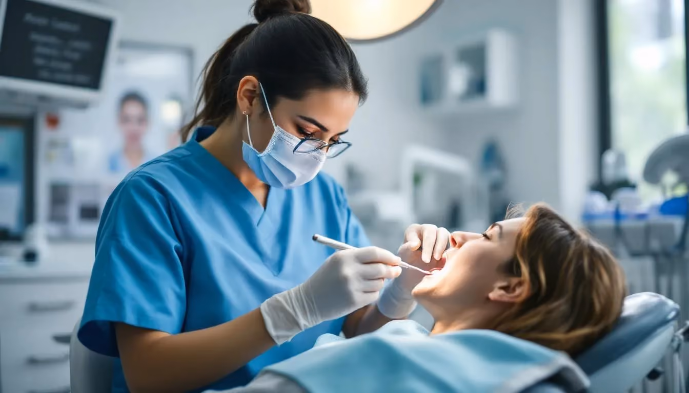 A dental hygienist at work, illustrating a dental hygiene career.