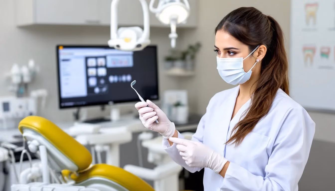 A dental assistant demonstrating essential skills in a dental office.