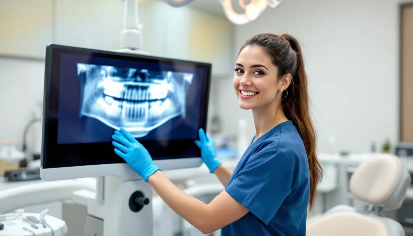 A dental assistant utilizing technology in a dental practice.