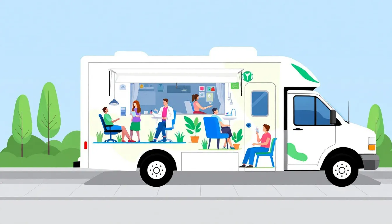 A mobile dental unit providing dental care in a community setting.