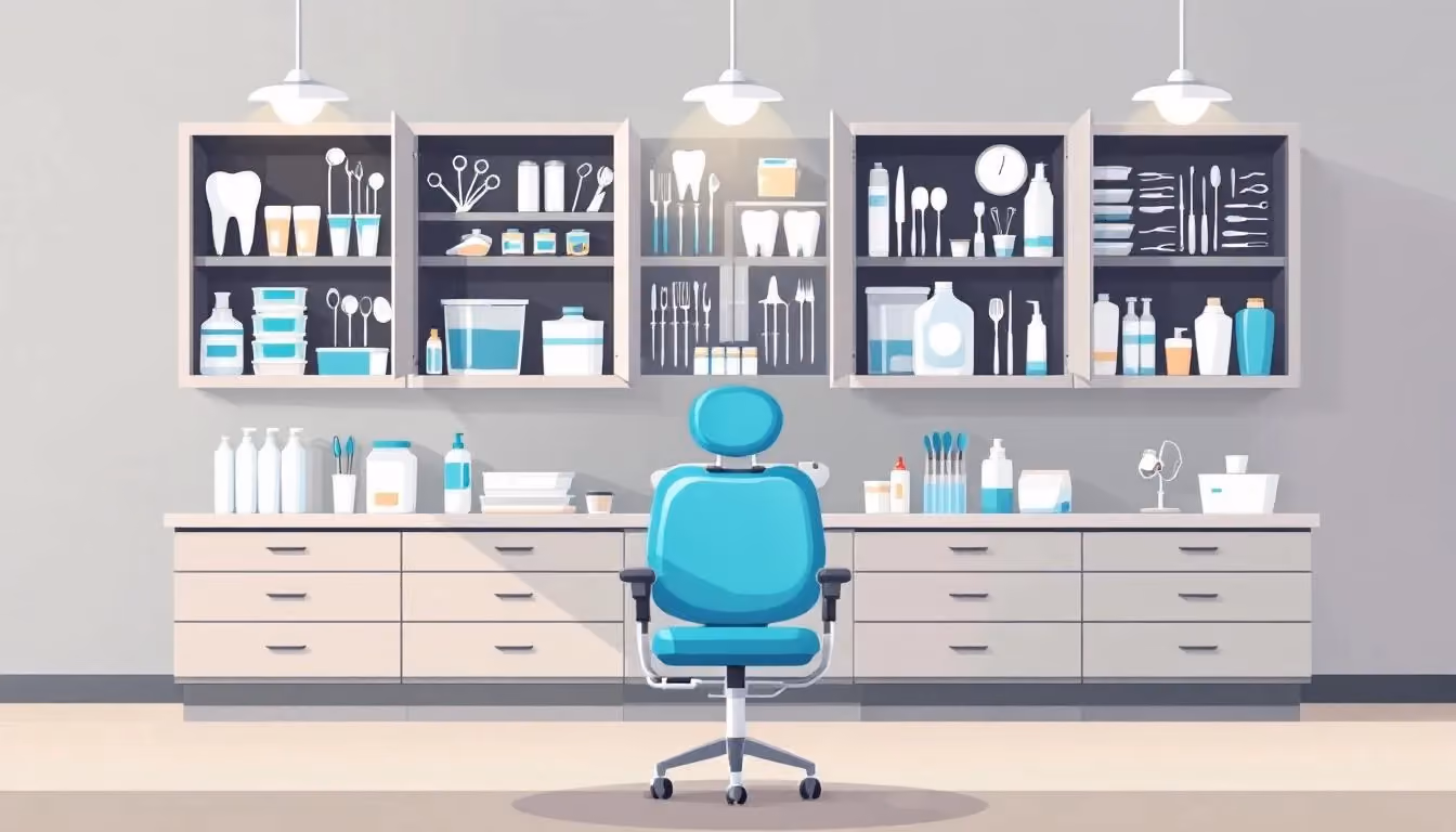 A well-organized dental material management area in a dental office.