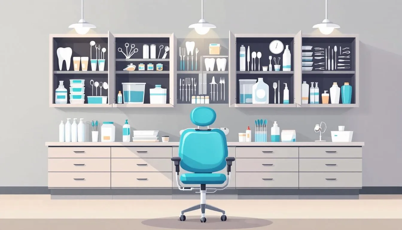 A well-organized dental material management area in a dental office.