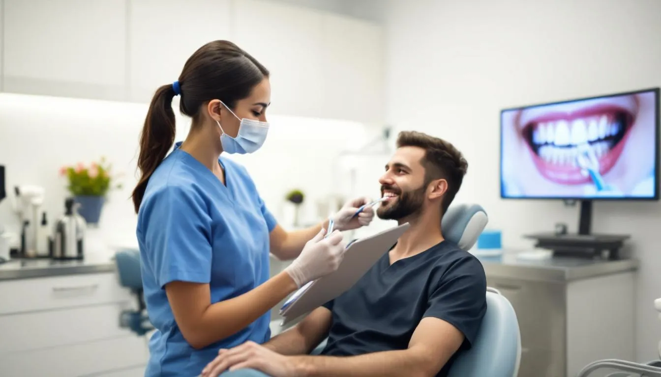 A dental hygienist demonstrating proper oral hygiene techniques to a patient.