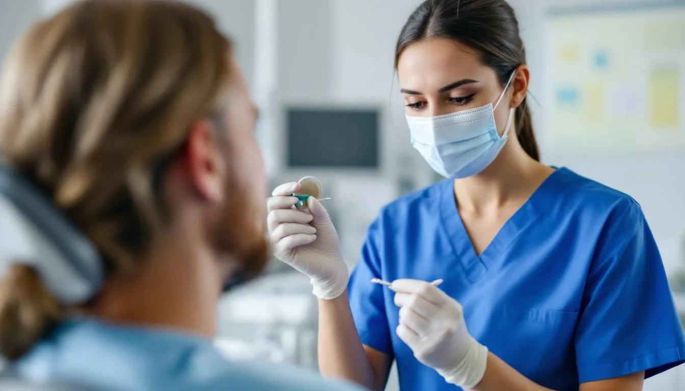 A dental hygienist performing an oral health examination, representing what is a registered dental hygienist.