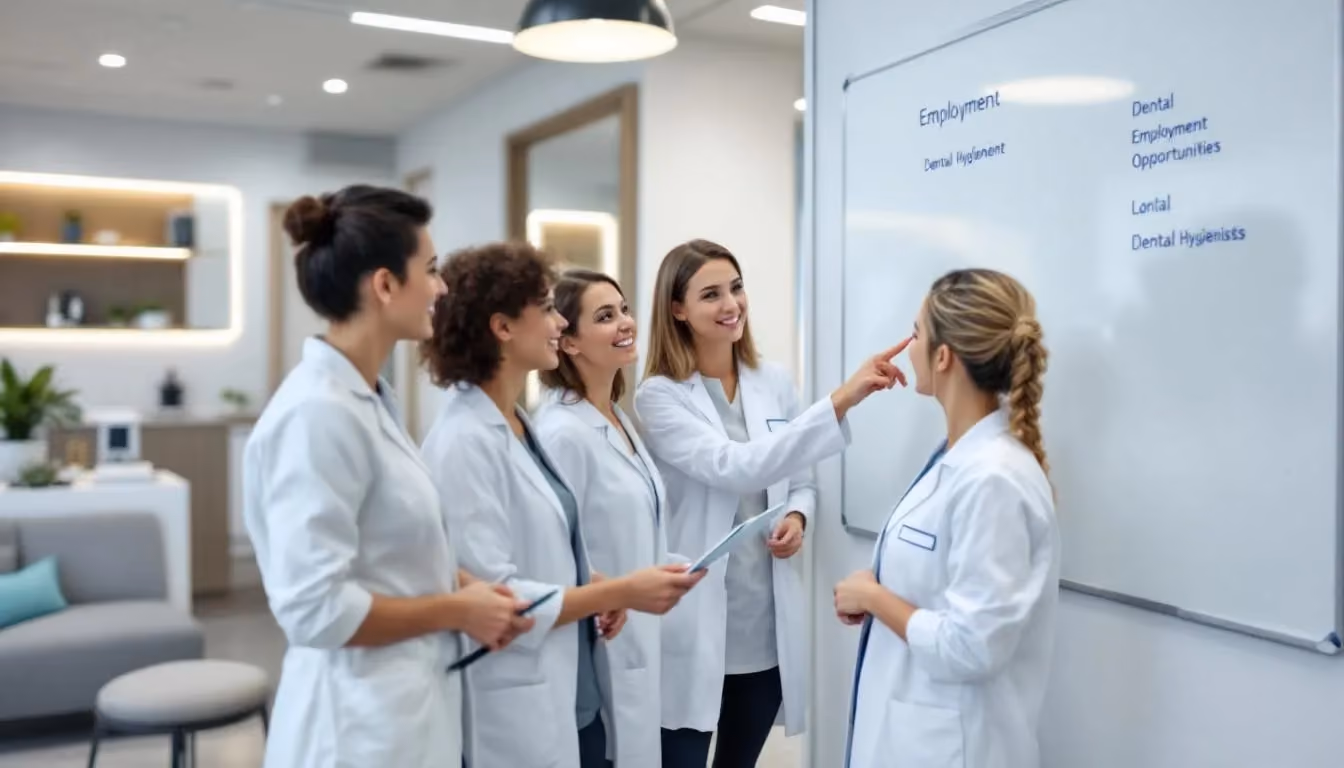 A group of dental hygienists discussing employment opportunities in a dental office.