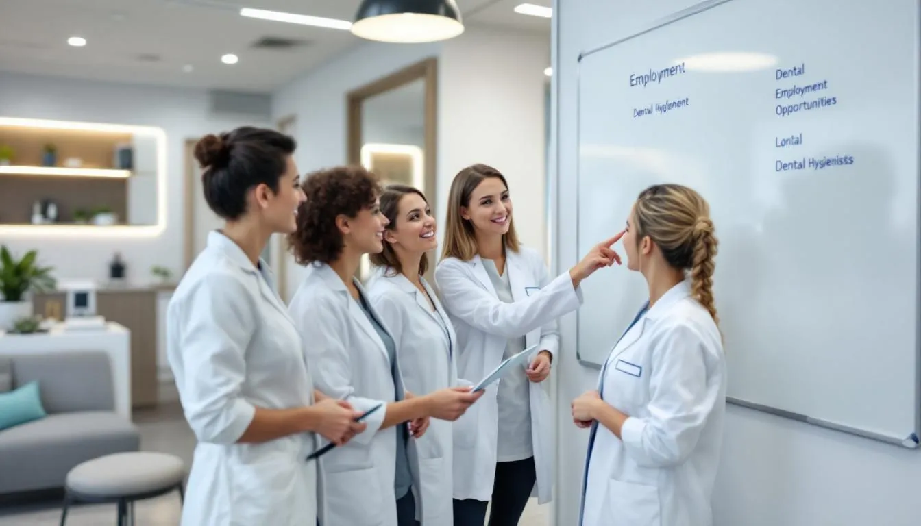 A group of dental hygienists discussing employment opportunities in a dental office.