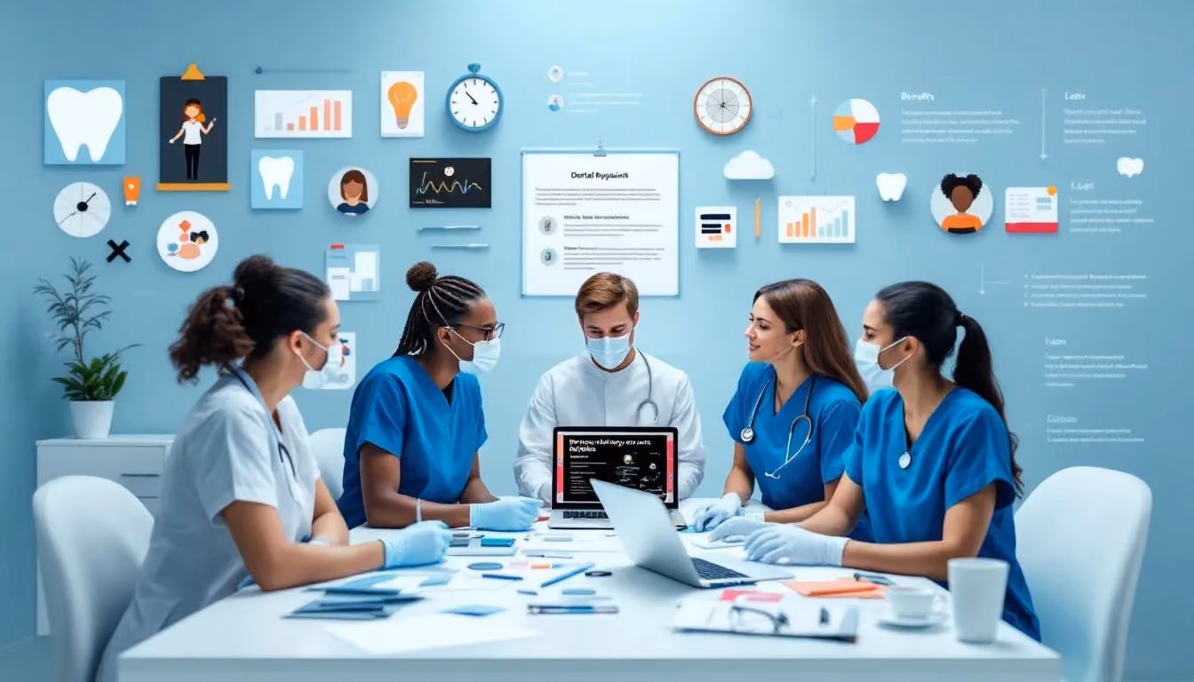 A diverse group of dental professionals discussing hiring processes.