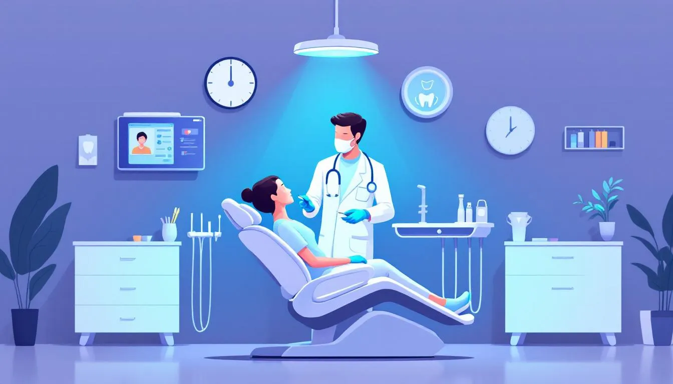 A dental professional interacting with a patient in a modern dental office.