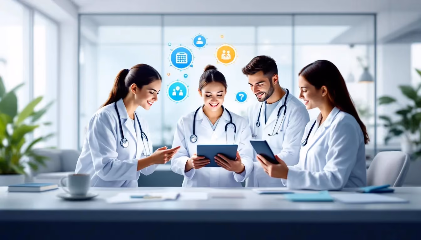 A group of vetted dental professionals discussing staffing solutions.