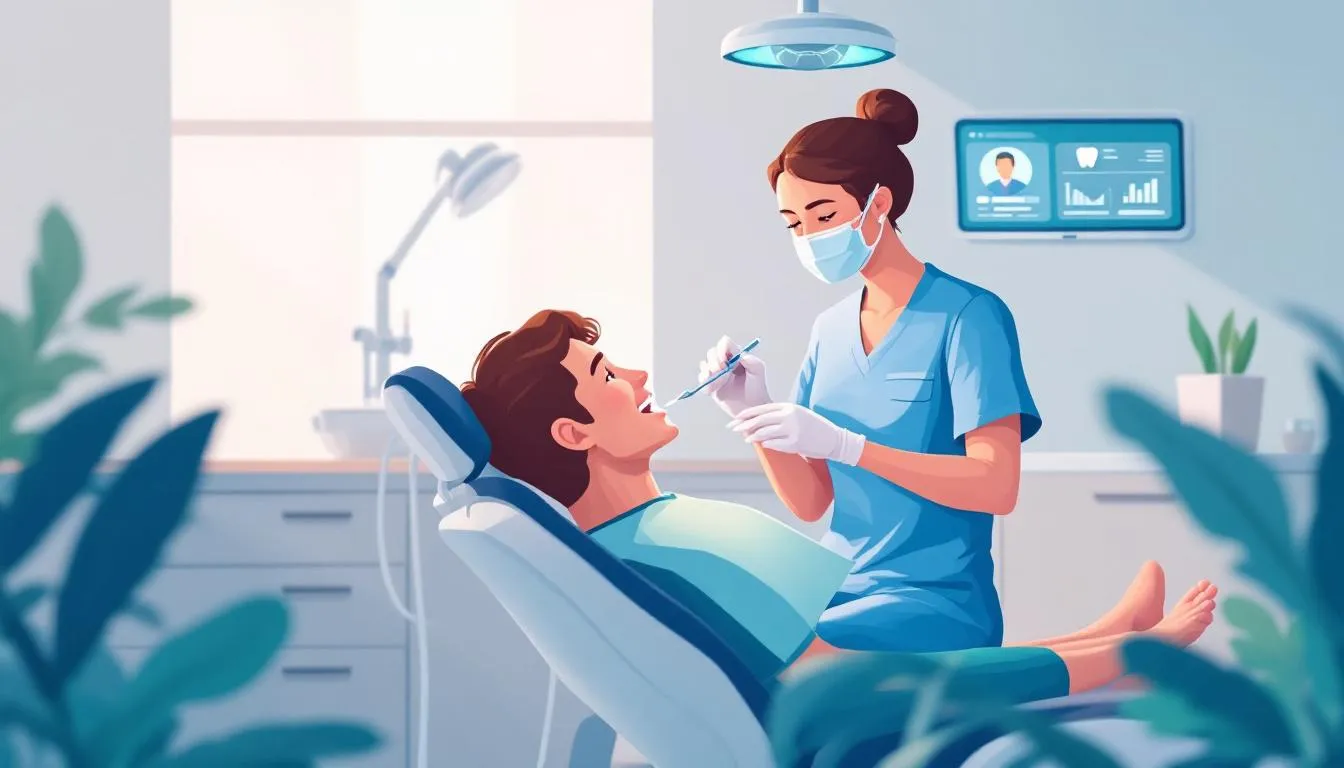 A dental hygienist providing care to a patient in a dental office.