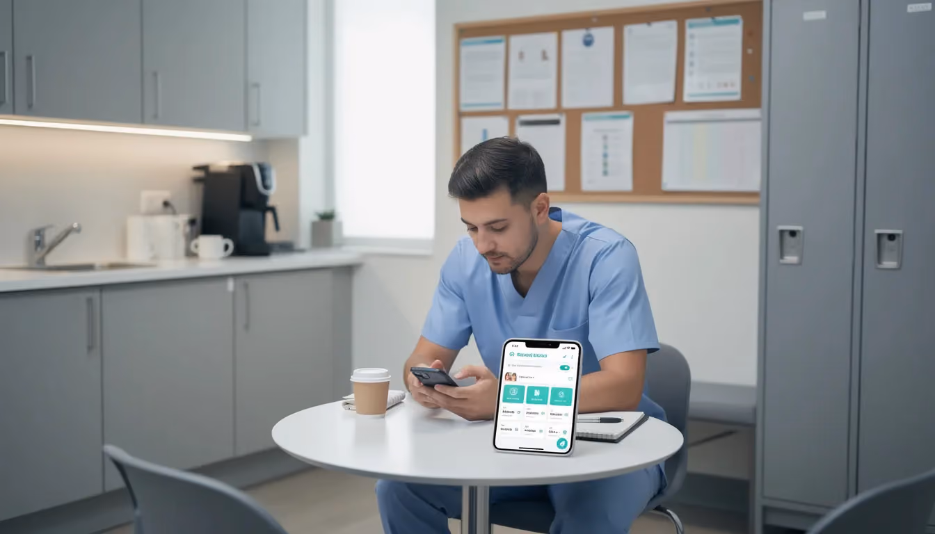 A dental hygienist is seen in a break room, using a smartphone app to access information related to maintaining optimal oral health and patient education. The hygienist's role includes educating patients on proper oral hygiene techniques and assessing their dental health.