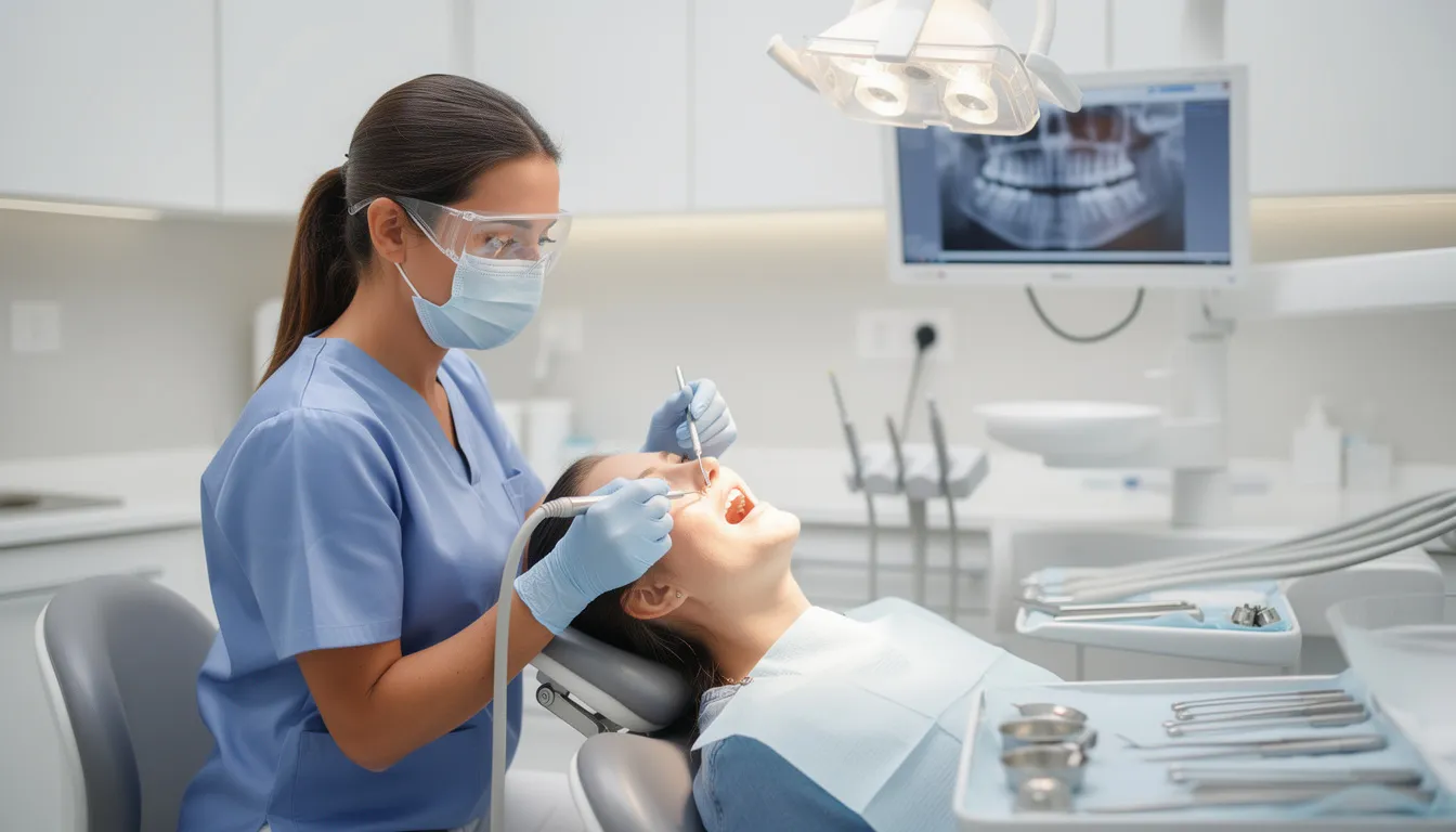A dental hygienist, equipped with safety glasses and gloves, is performing a dental cleaning on a patient in a modern dental operatory, focusing on maintaining optimal oral health by removing plaque and tartar. This setting highlights the dental hygienist's role in educating patients about proper oral hygiene techniques and preventive dental care.