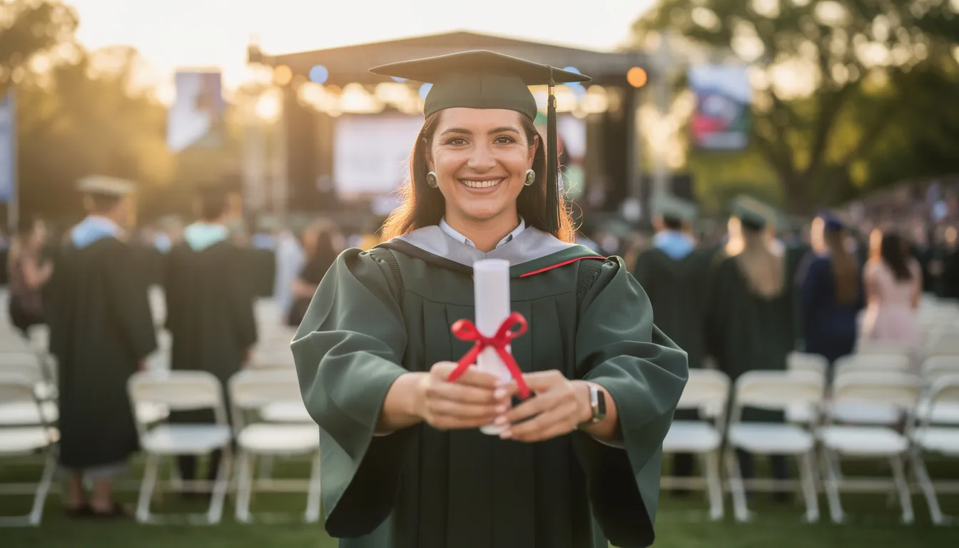 A graduate wearing a cap and gown stands proudly outdoors, holding their diploma during a graduation ceremony, symbolizing the achievement of completing an accredited dental hygiene program. This moment marks the beginning of their journey to become a dental hygienist, where they will play a vital role in maintaining optimal oral health and educating patients about proper oral hygiene techniques.