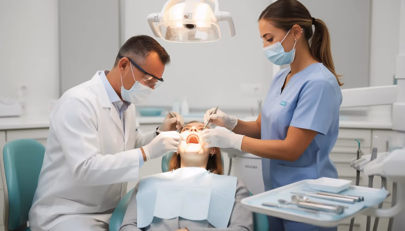 A dental assistant is seen working chairside with a dentist during a dental procedure, demonstrating their vital role in patient care and infection control in a clinical setting. This hands-on experience is essential for those pursuing a rewarding career in dental assisting, often requiring formal education and certification through an accredited dental assisting program.