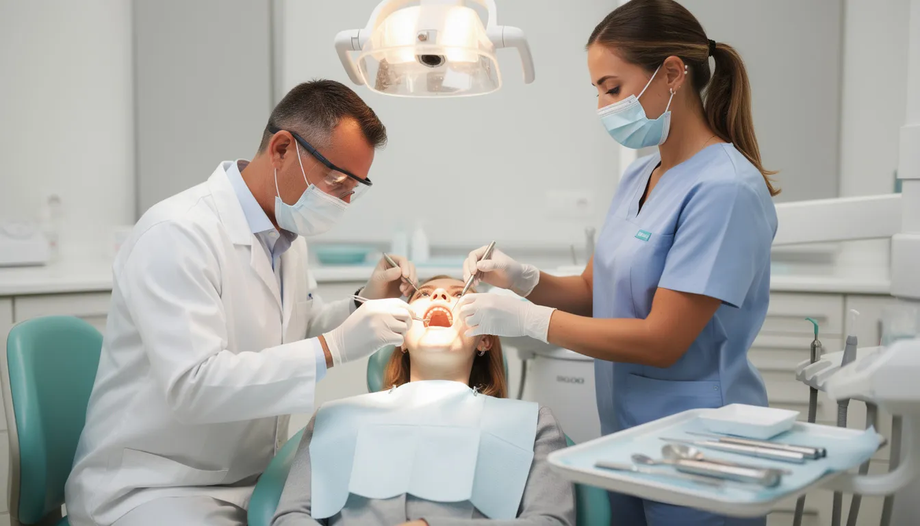 A dental assistant is seen working chairside with a dentist during a dental procedure, demonstrating their vital role in patient care and infection control in a clinical setting. This hands-on experience is essential for those pursuing a rewarding career in dental assisting, often requiring formal education and certification through an accredited dental assisting program.