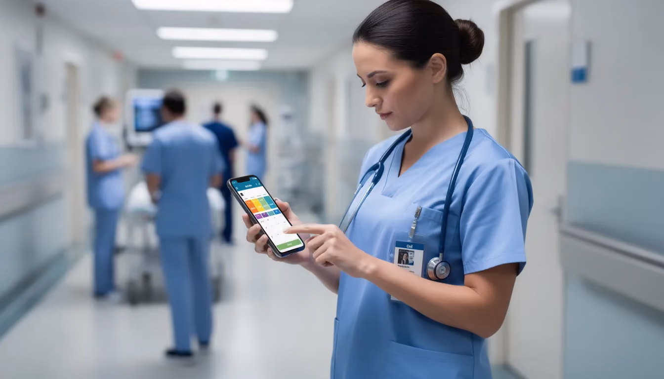 A healthcare professional, likely a dental assistant, is seen using a mobile app to efficiently manage their work schedule within a dental office. This modern approach aids in scheduling appointments and streamlining patient care, reflecting the essential organizational skills required in a dental assisting career.
