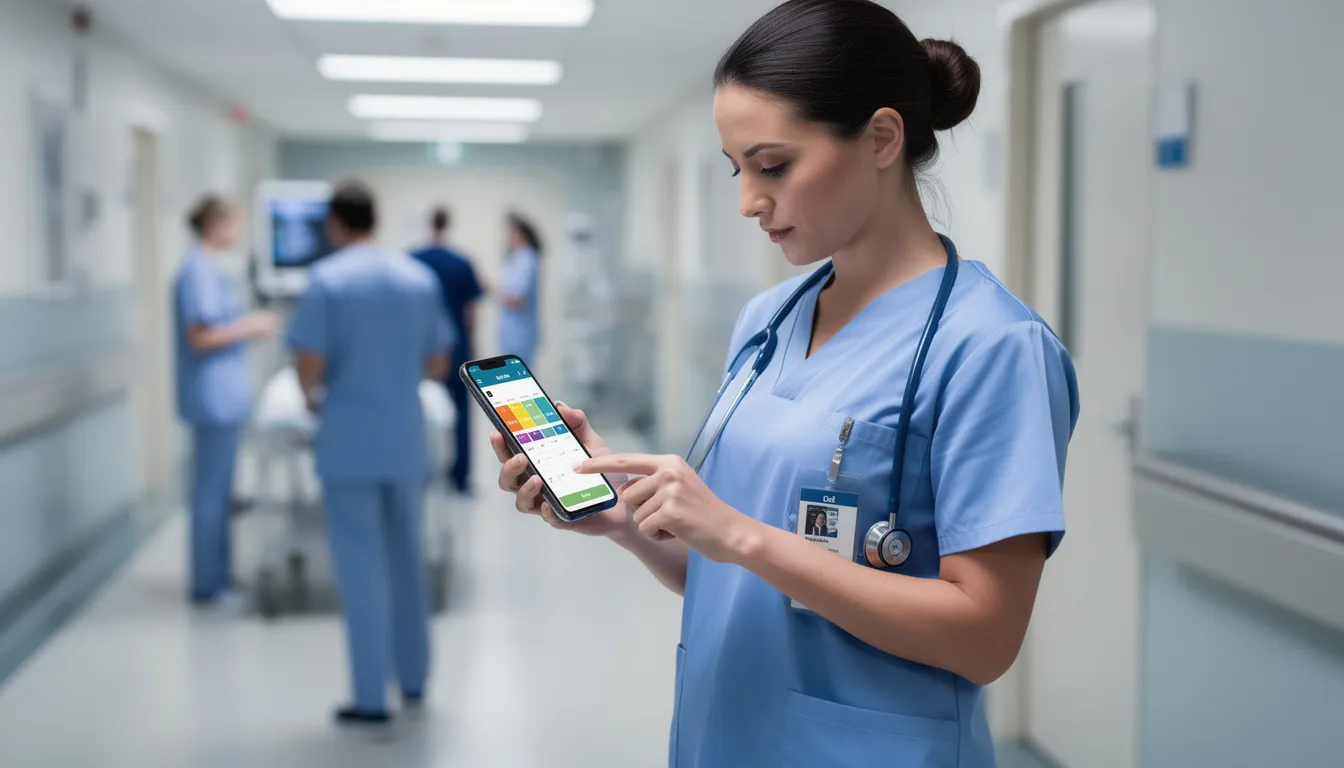 A healthcare professional, likely a dental assistant, is seen using a mobile app to efficiently manage their work schedule within a dental office. This modern approach aids in scheduling appointments and streamlining patient care, reflecting the essential organizational skills required in a dental assisting career.
