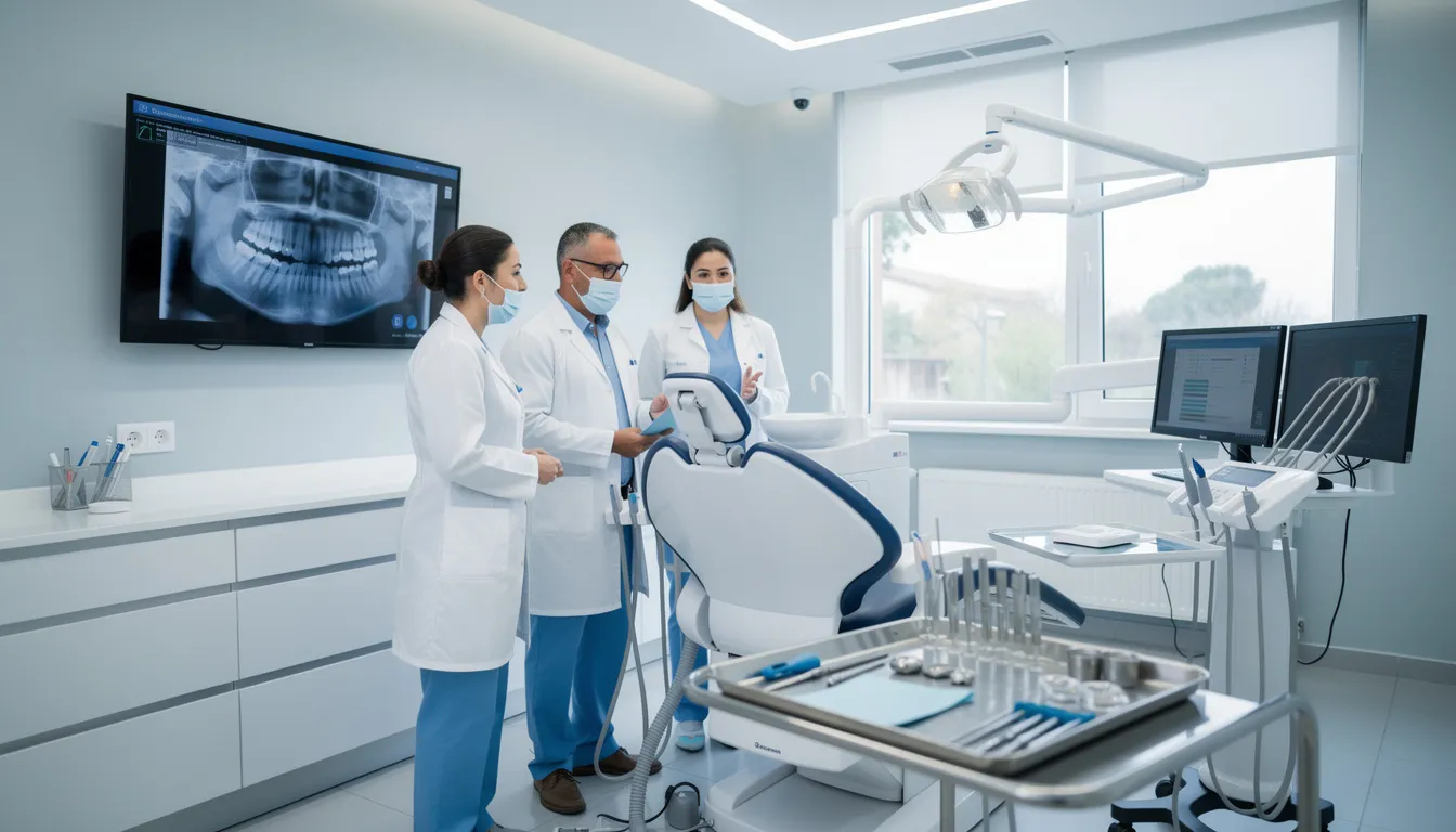 A dental team, including a dentist and dental assistants, collaborates in a modern dental office, discussing patient care and reviewing the patient's medical history. This scene highlights the teamwork essential in dental practices, showcasing the rewarding career of dental assisting.