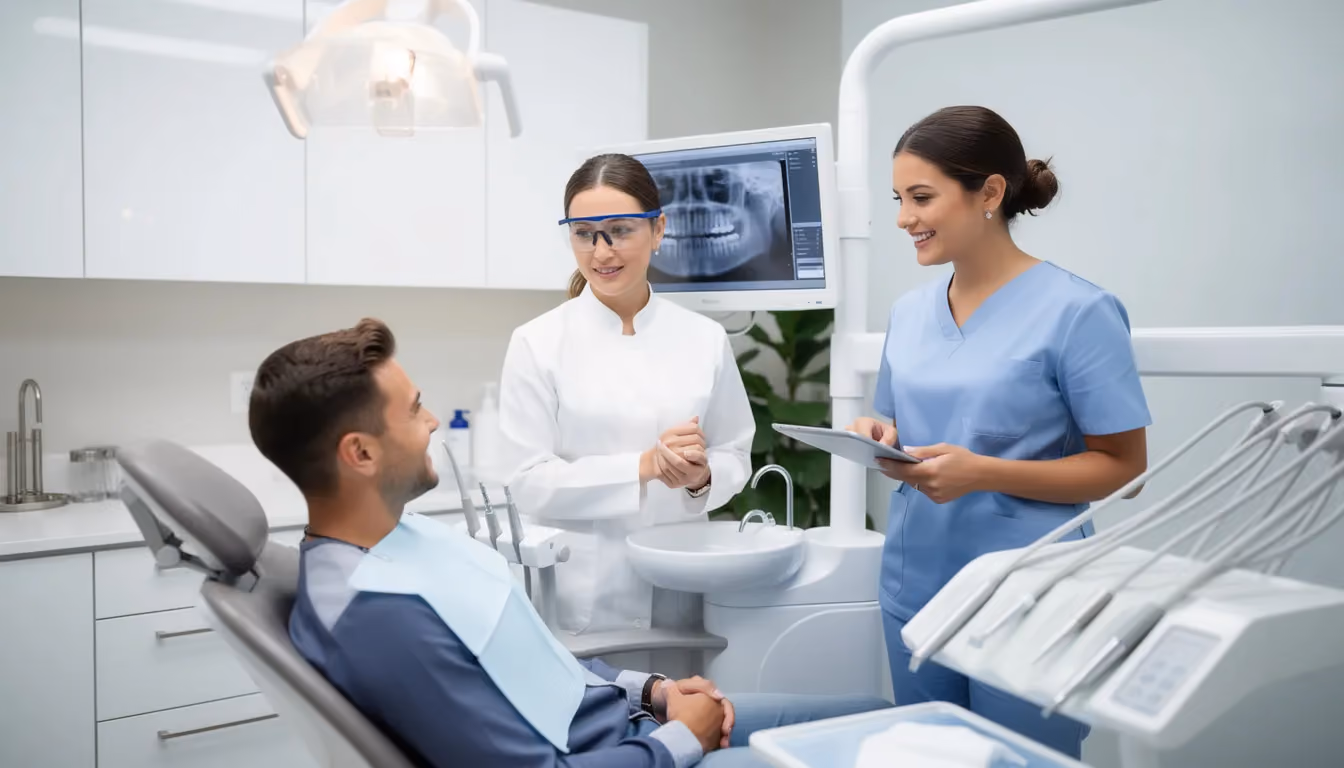 A dental team, including a dental assistant and a dental hygienist, is seen communicating with a patient in a modern dental office, surrounded by dental equipment and instruments. They are discussing the patient's oral health and treatment options, showcasing the importance of effective communication in providing quality dental care.