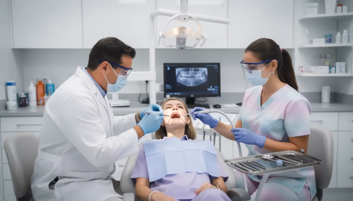 A dental assistant is working chairside, assisting a licensed dentist during a patient procedure by passing dental instruments and preparing materials. The treatment room is equipped with various dental supplies and equipment essential for providing quality patient care.
