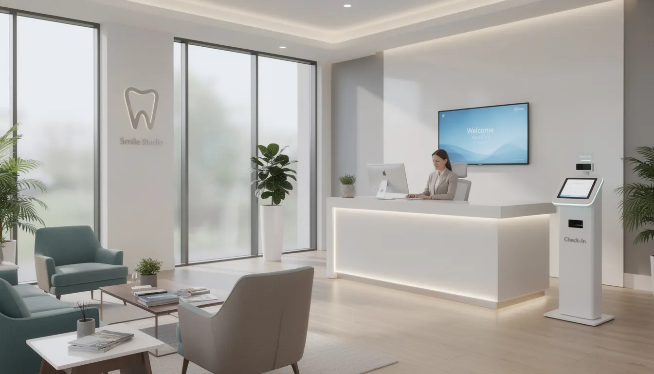 The image depicts a modern dental office reception area featuring sleek technology and a welcoming atmosphere, designed to enhance patient care and comfort. This inviting space likely serves as the first point of contact for patients seeking dental services, where dental assistants play a crucial role in scheduling appointments and managing patient records.