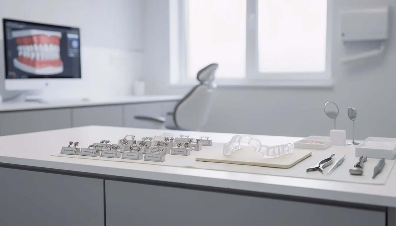 The image depicts an orthodontic dental office workstation, showcasing various dental supplies including brackets and aligners. This environment is typical for dental assistants who play a crucial role in preparing materials and assisting dentists with dental procedures.