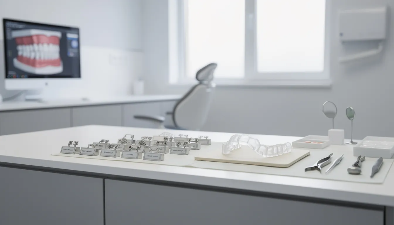 The image depicts an orthodontic dental office workstation, showcasing various dental supplies including brackets and aligners. This environment is typical for dental assistants who play a crucial role in preparing materials and assisting dentists with dental procedures.