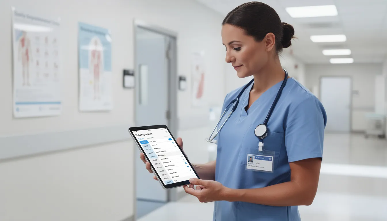 A healthcare professional, likely a dental hygienist or dental assistant, is seen reviewing a schedule on a tablet in a clinical setting, highlighting the importance of scheduling appointments and managing patient care in a dental office. The environment suggests a focus on dental hygiene and efficient administrative tasks within the dental team.
