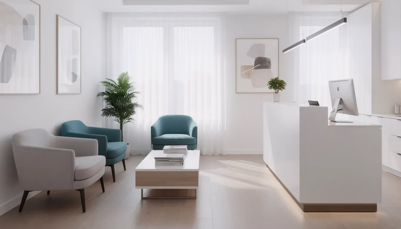 The image depicts a bright and clean dental office waiting area featuring modern decor, comfortable seating, and a welcoming atmosphere for patients. This space reflects the professionalism of dental hygienists and dental assistants, emphasizing the importance of patient care and oral health in a dental practice.