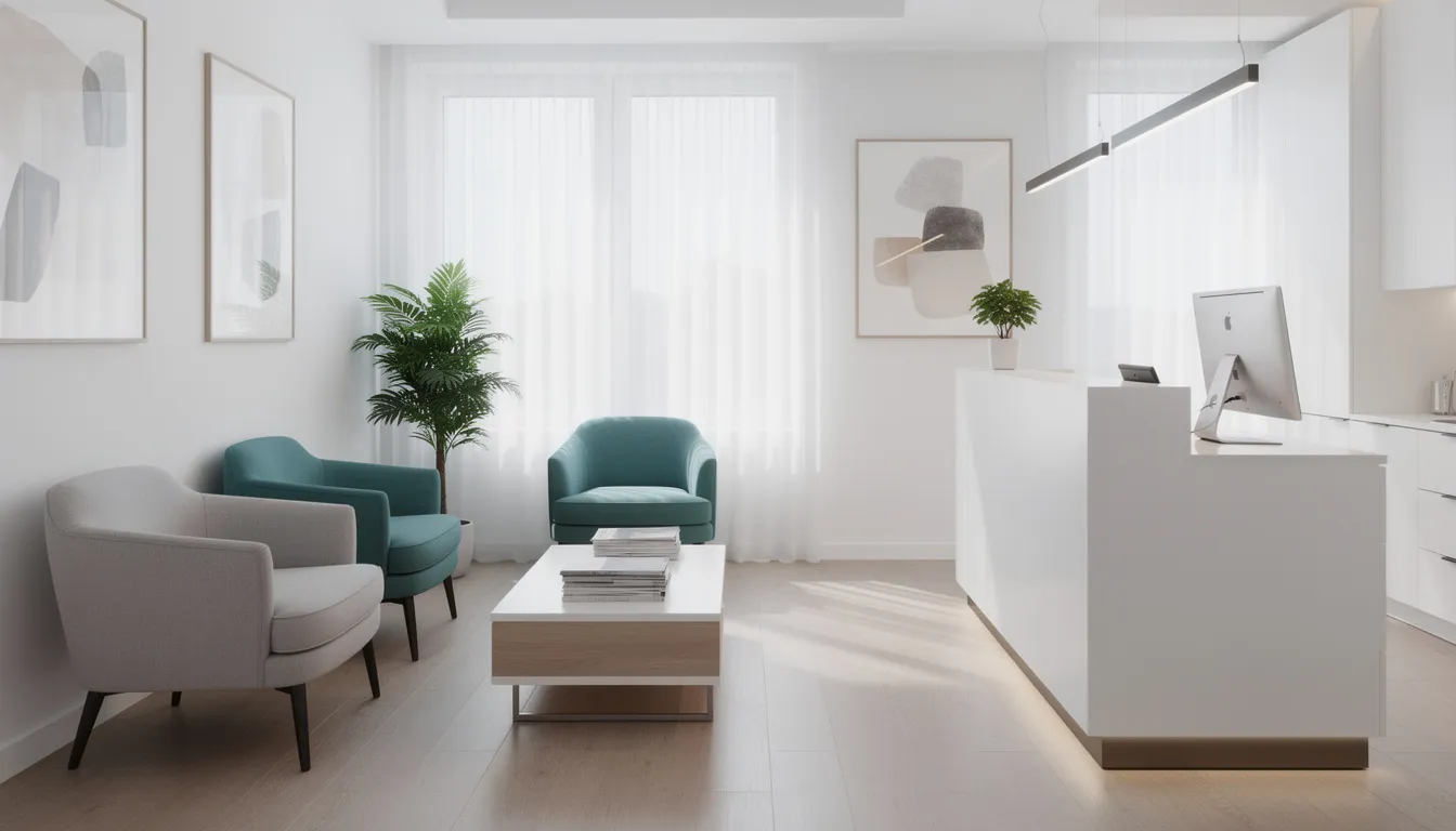 The image depicts a bright and clean dental office waiting area featuring modern decor, comfortable seating, and a welcoming atmosphere for patients. This space reflects the professionalism of dental hygienists and dental assistants, emphasizing the importance of patient care and oral health in a dental practice.