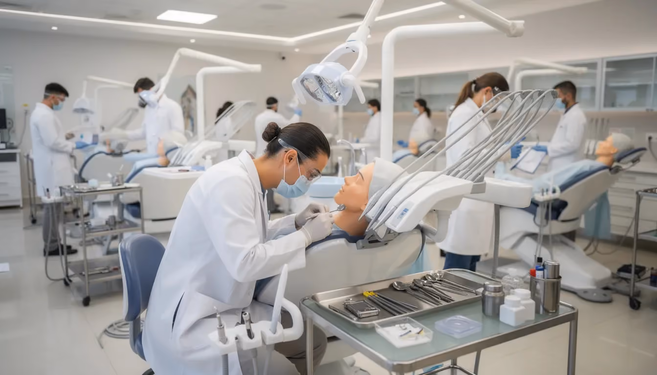 The image shows dental students practicing clinical skills in a training lab, using mannequins to simulate dental procedures. This hands-on experience is essential for both dental assistants and dental hygienists as they prepare for their roles in patient care within a dental office.