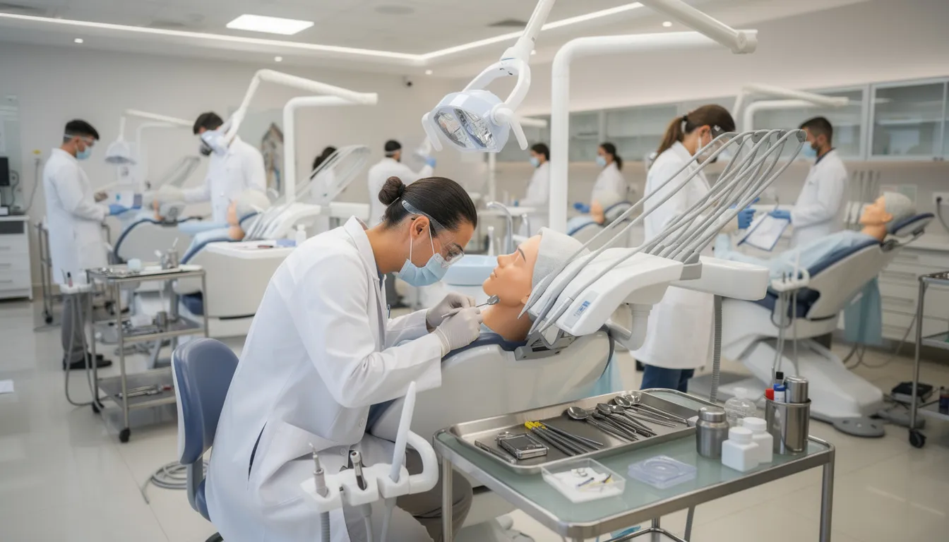 The image shows dental students practicing clinical skills in a training lab, using mannequins to simulate dental procedures. This hands-on experience is essential for both dental assistants and dental hygienists as they prepare for their roles in patient care within a dental office.