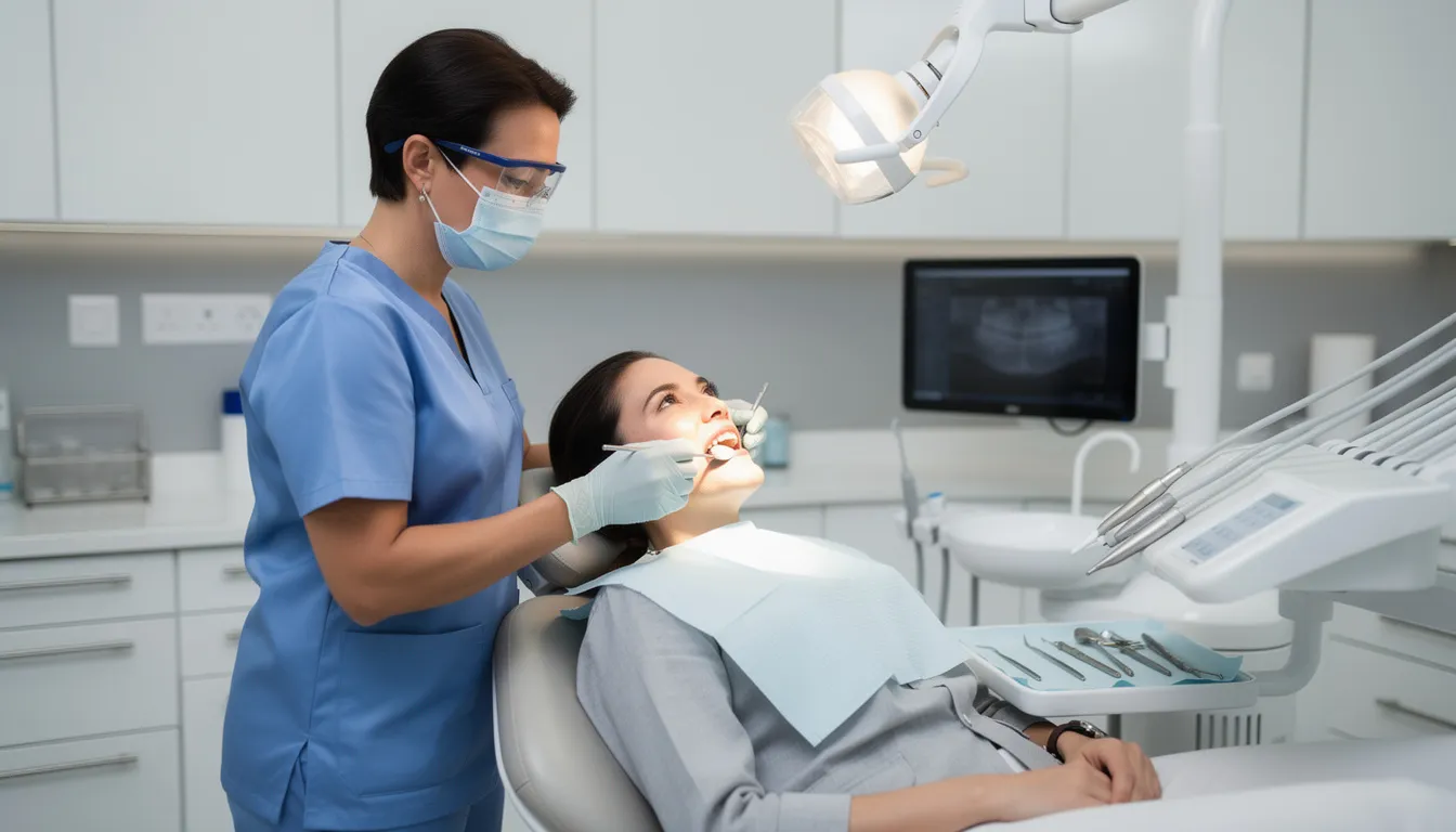 A dental professional in scrubs is seen assisting a patient in a modern treatment room, showcasing the collaborative environment of a dental office where dental assistants and dental hygienists work together to provide patient care and perform dental procedures. The room is equipped with advanced dental instruments and tools, emphasizing the importance of oral health and hygiene.