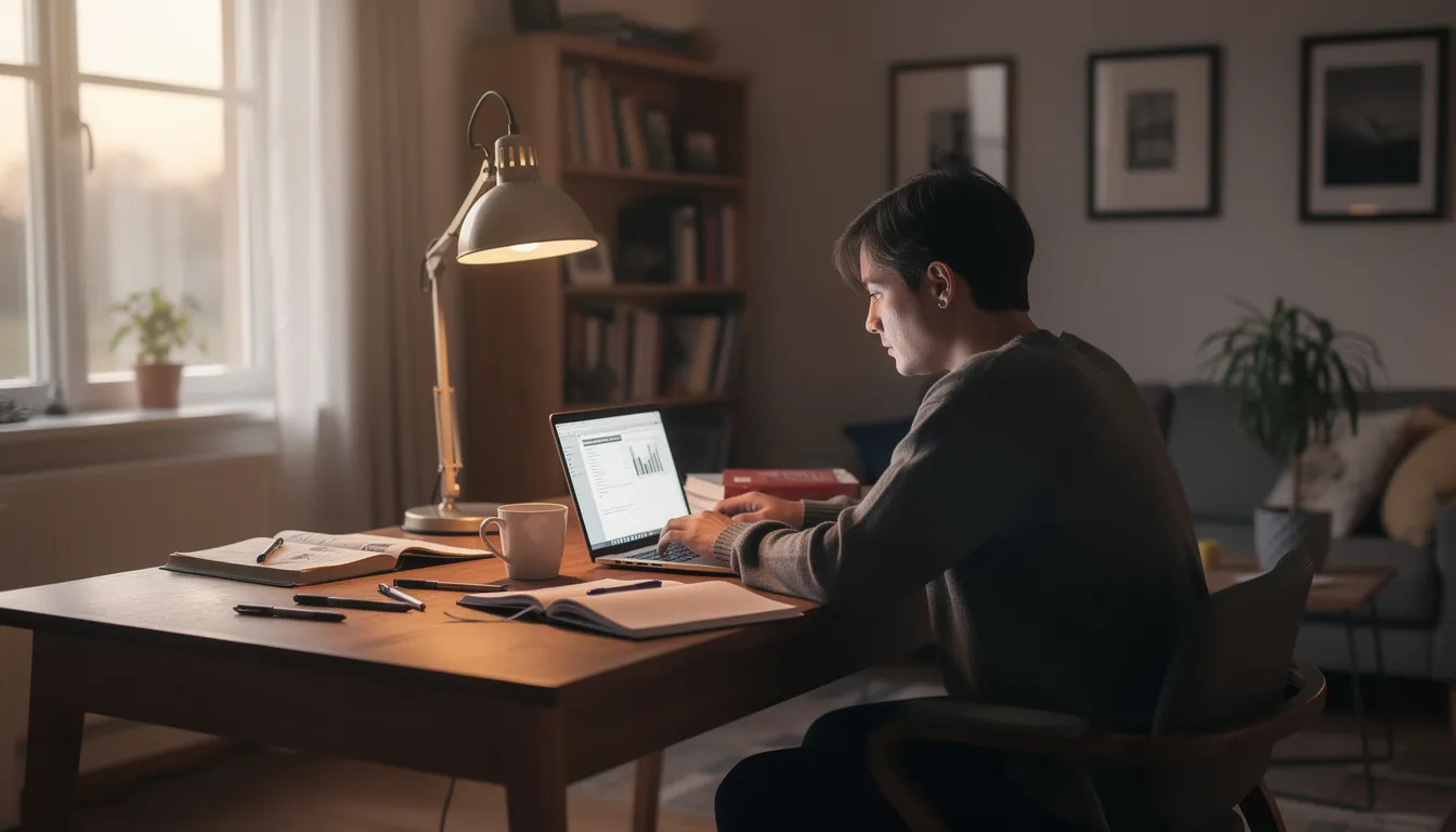 A person is studying on a laptop in a cozy home setting, focused on their online dental assistant program, which may include topics such as patient care, dental office administration, and preparing for the certified dental assistant exam. The environment suggests a dedicated space for learning about clinical dental assisting and proper dental hygiene practices.
