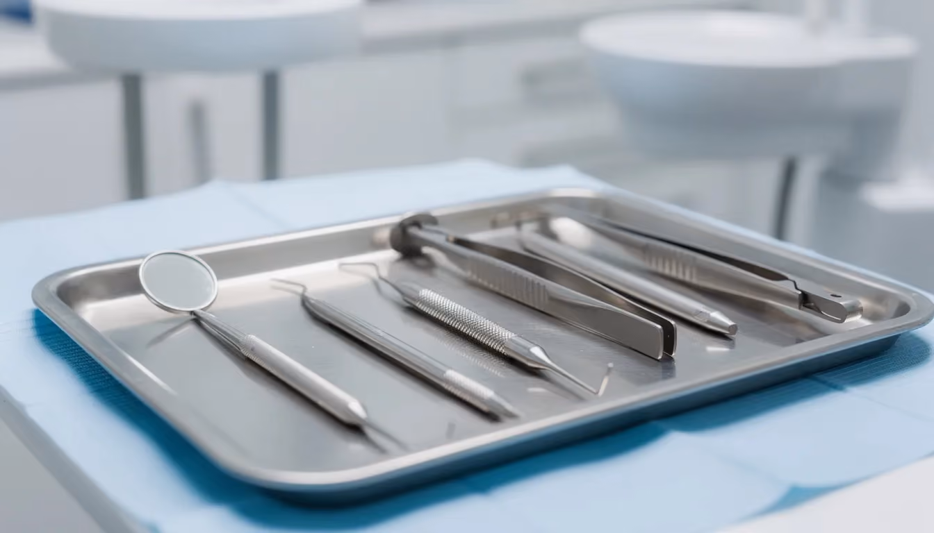 A sterile tray is neatly arranged with various dental tools and instruments, essential for dental procedures and patient care. This setup reflects the professionalism of dental assistants and the importance of proper dental hygiene in a clinical dental office environment.