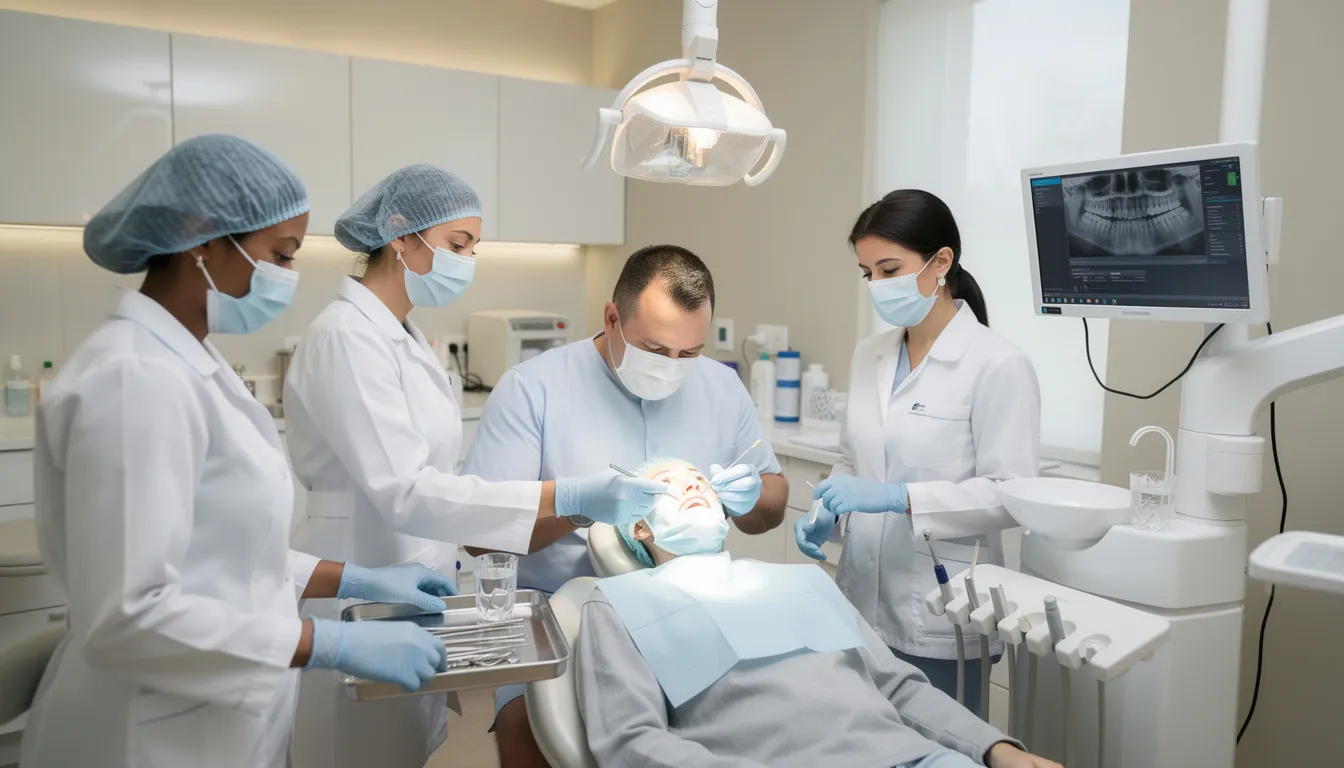 A professional dental team is collaborating in a clinical setting, showcasing clinical dental assistants engaged in patient care and treatment procedures. The image highlights the importance of teamwork in providing good dental health and emphasizes the role of certified dental assistants in the dental office.