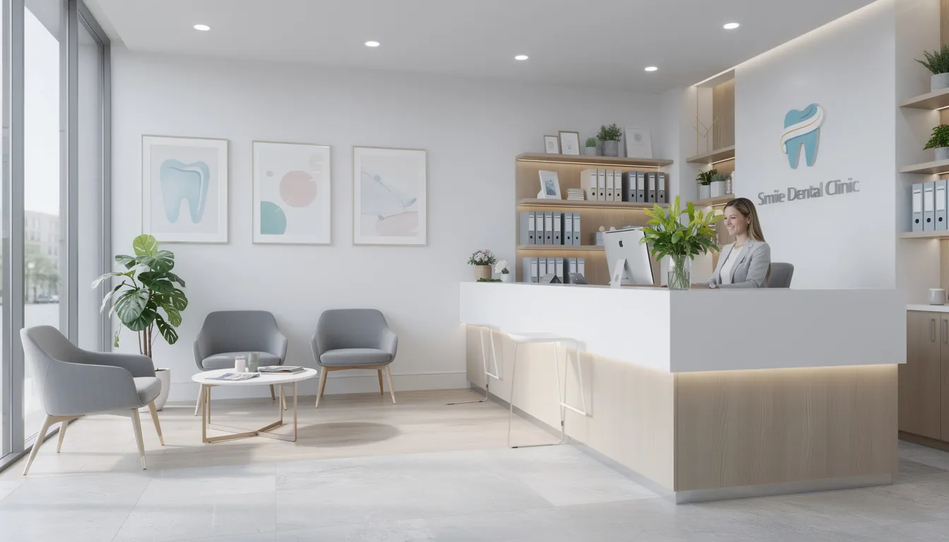 The image shows a modern dental office front desk area, featuring a sleek reception space where clinical dental assistants greet patients and manage administrative duties. The design reflects a professional environment conducive to patient care and efficient office administration.