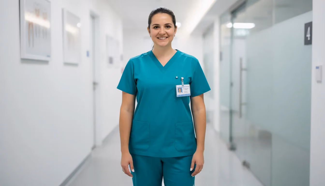 A confident dental hygienist in scrubs smiles in a modern dental office hallway, showcasing a professional environment that promotes oral health. This setting reflects the standards of accredited dental hygiene programs and the dedication of licensed dental hygienists to patient care and education.