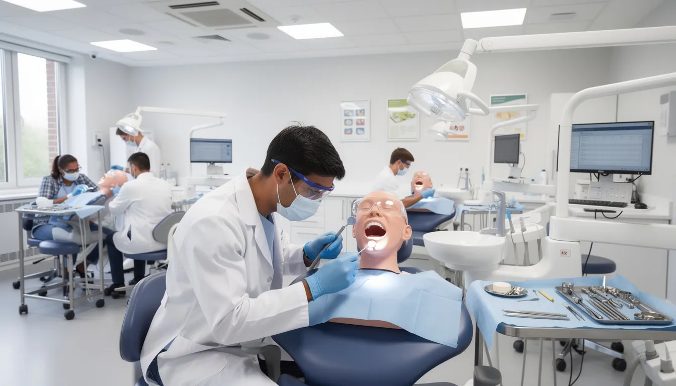 A group of students in a dental hygiene program is practicing dental procedures on mannequin heads in a clinical simulation lab, preparing to become licensed dental hygienists. This hands-on experience is essential for promoting oral health and successfully completing their dental hygiene education.