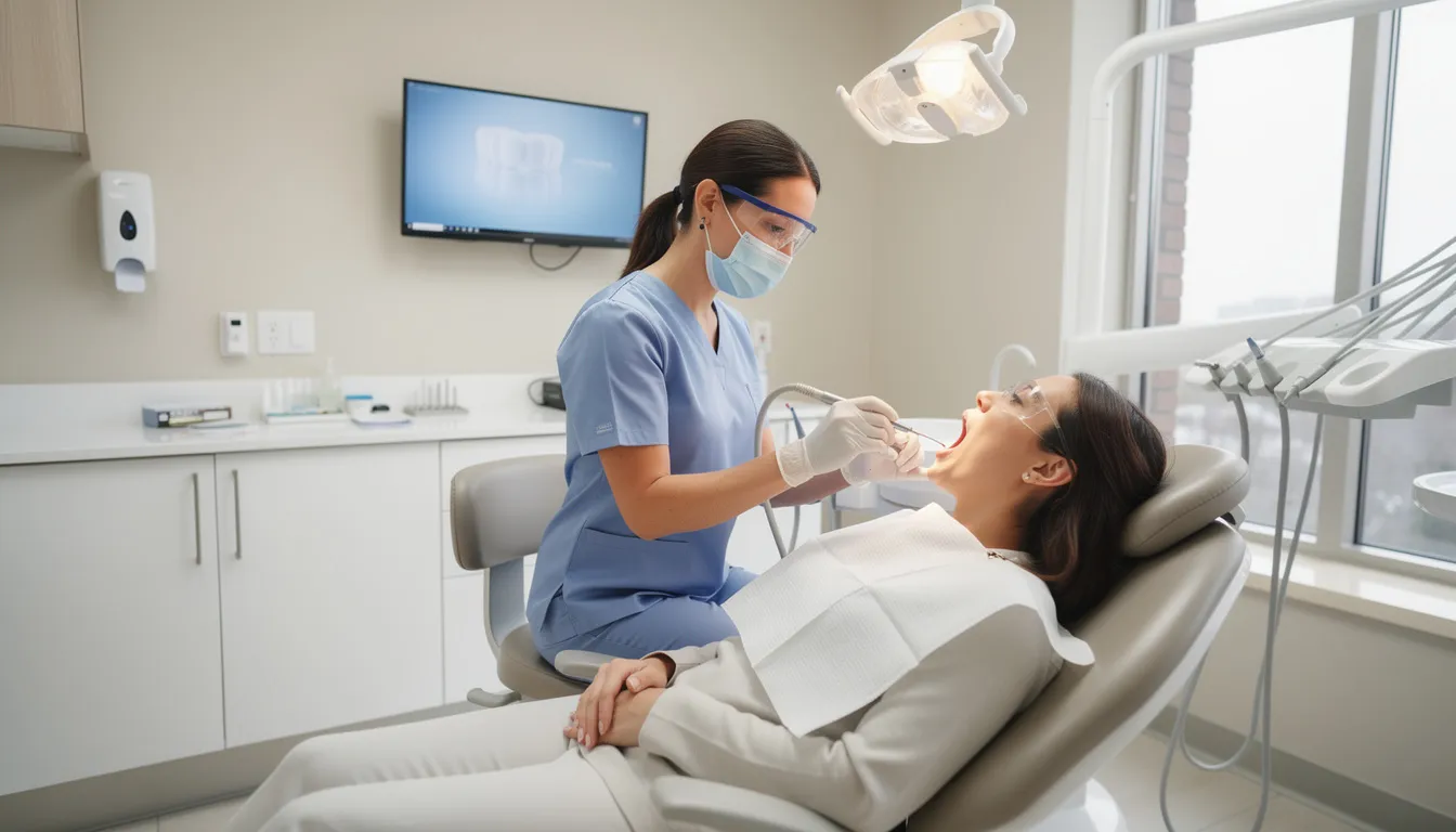 A dental hygienist is performing a cleaning on a patient in a bright, modern dental office, showcasing the importance of dental hygiene in promoting oral health. The environment reflects a professional setting where licensed dental hygienists provide essential dental services to ensure optimal patient care.