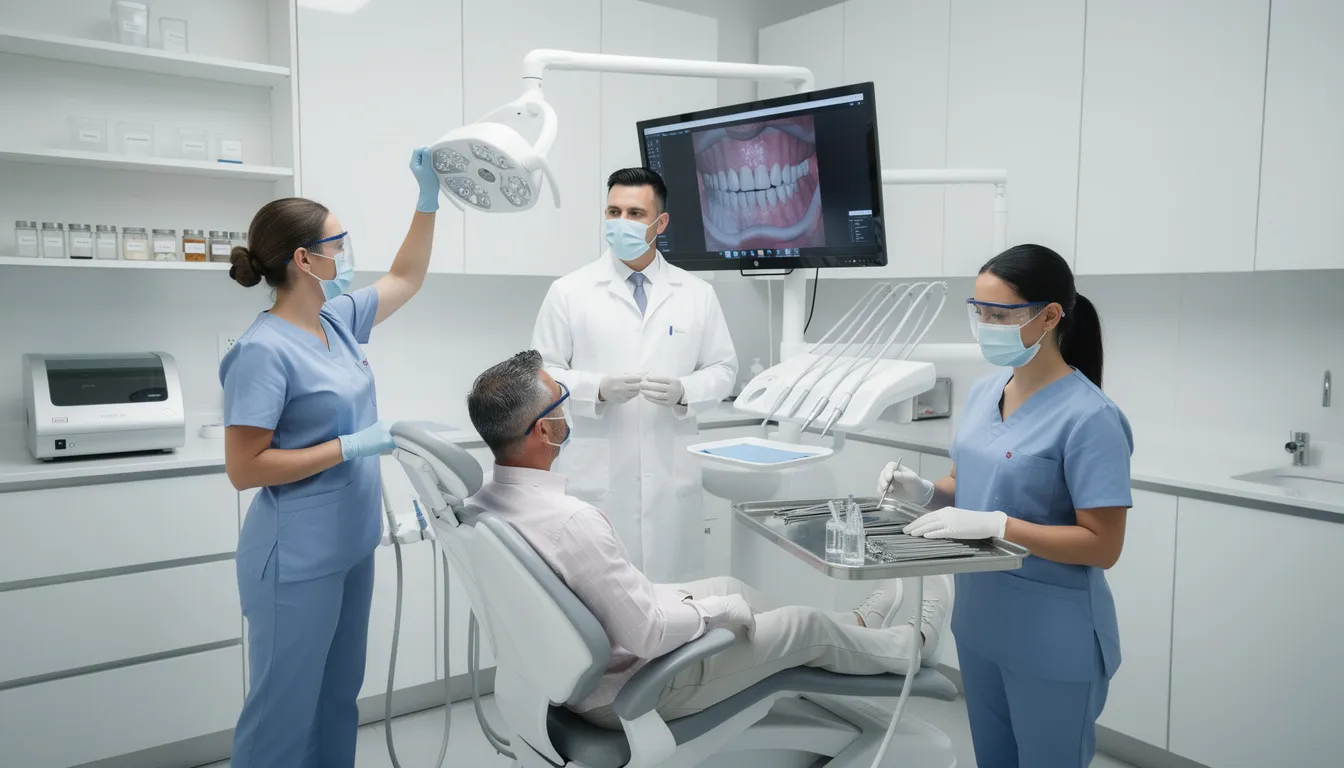 The image shows a dental team collaborating in a modern treatment room, equipped with advanced dental technology. This setting highlights the importance of teamwork in providing dental services and ensuring good dental health for patients.