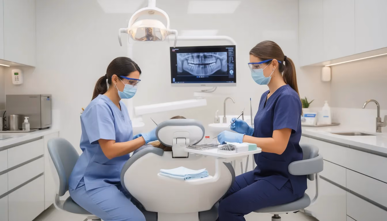 The image depicts a dental hygienist and a dental assistant collaborating in a modern clinic, focusing on patient care and dental procedures. This teamwork is essential in providing quality dental services and promoting good dental health.
