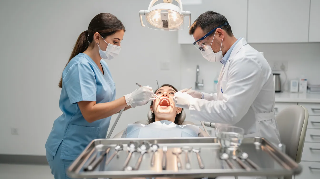A dental assistant is actively working alongside a dentist during a procedure, assisting with dental instruments while a patient is comfortably seated in a dental chair. This scene highlights the collaborative nature of dental assisting, emphasizing the importance of patient care and the duties of a dental assistant in a dental practice.